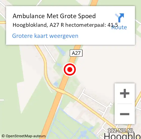 Locatie op kaart van de 112 melding: Ambulance Met Grote Spoed Naar Hoogblokland, A27 R hectometerpaal: 42,2 op 7 november 2014 18:24