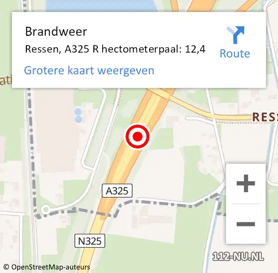 Locatie op kaart van de 112 melding: Brandweer Ressen, A325 R hectometerpaal: 12,4 op 8 november 2014 13:44