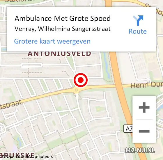 Locatie op kaart van de 112 melding: Ambulance Met Grote Spoed Naar Venray, Wilhelmina Sangersstraat op 18 november 2014 22:52