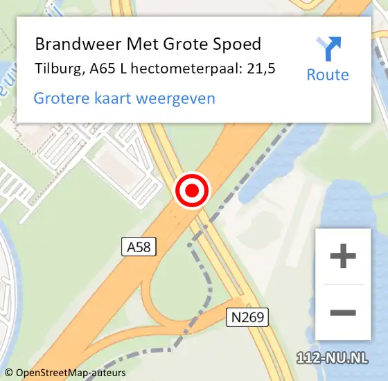 Locatie op kaart van de 112 melding: Brandweer Met Grote Spoed Naar Tilburg, A65 L hectometerpaal: 19,7 op 20 november 2014 18:44