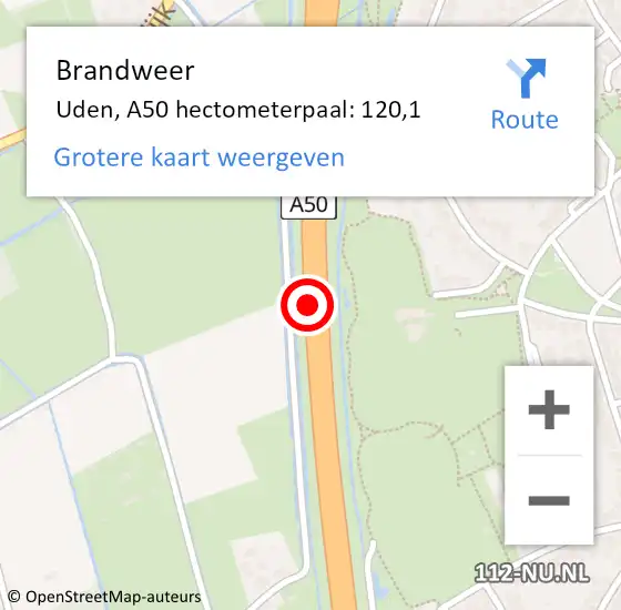 Locatie op kaart van de 112 melding: Brandweer Uden, A50 hectometerpaal: 120,1 op 21 november 2014 19:38