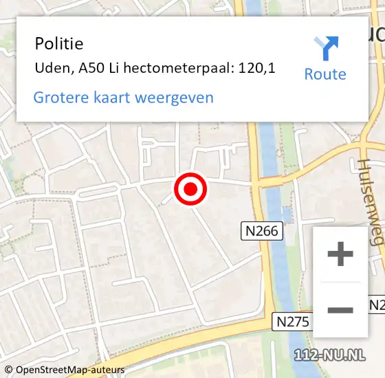 Locatie op kaart van de 112 melding: Politie Uden, A50 Li hectometerpaal: 120,1 op 21 november 2014 19:40