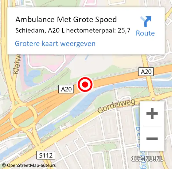 Locatie op kaart van de 112 melding: Ambulance Met Grote Spoed Naar Schiedam, A20 L hectometerpaal: 25,7 op 21 november 2014 20:02