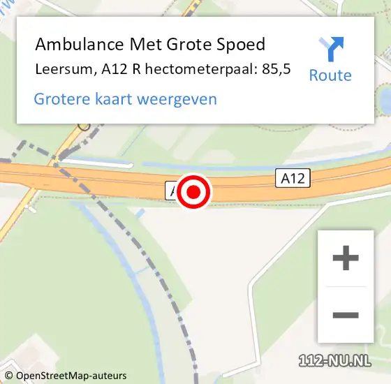 Locatie op kaart van de 112 melding: Ambulance Met Grote Spoed Naar Leersum, A12 R hectometerpaal: 85,5 op 23 november 2014 01:03