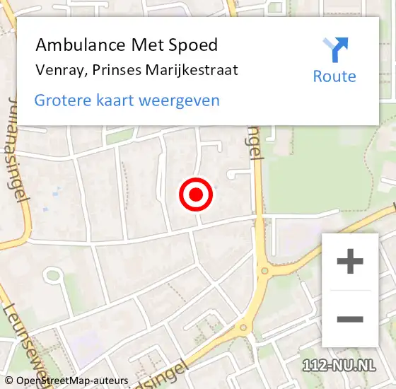 Locatie op kaart van de 112 melding: Ambulance Met Spoed Naar Venray, Prinses Marijkestraat op 24 november 2014 22:43