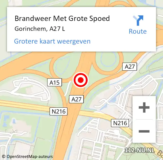 Locatie op kaart van de 112 melding: Brandweer Met Grote Spoed Naar Gorinchem, A27 L op 26 november 2014 13:44