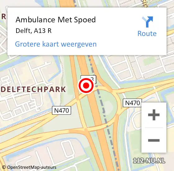 Locatie op kaart van de 112 melding: Ambulance Met Spoed Naar Delft, A13 R op 26 november 2014 17:47