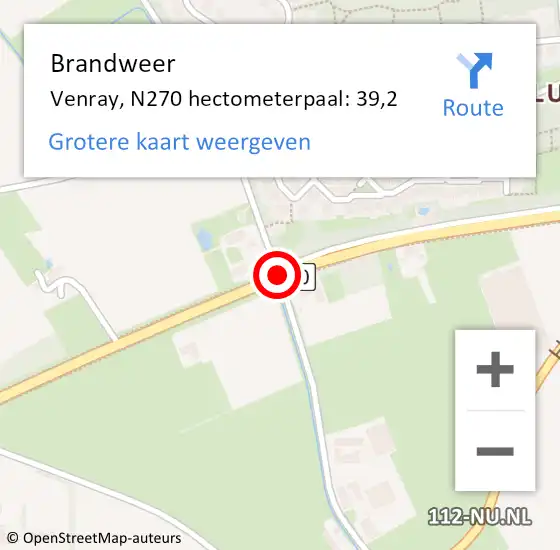 Locatie op kaart van de 112 melding: Brandweer Venray, N270 hectometerpaal: 39,2 op 27 november 2014 14:09