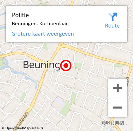 Locatie op kaart van de 112 melding: Politie Beuningen, Korhoenlaan op 28 november 2014 18:35