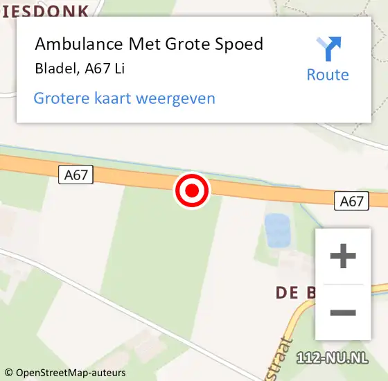 Locatie op kaart van de 112 melding: Ambulance Met Grote Spoed Naar Deurne, A67 L hectometerpaal: 53,2 op 2 december 2014 09:15