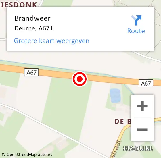 Locatie op kaart van de 112 melding: Brandweer Deurne, A67 L op 2 december 2014 09:19