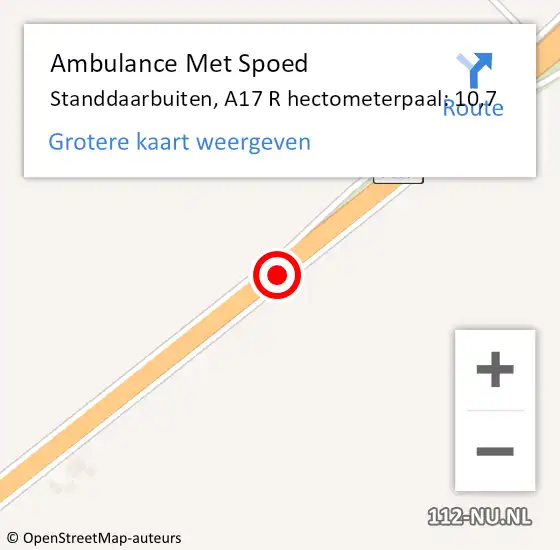 Locatie op kaart van de 112 melding: Ambulance Met Spoed Naar Standdaarbuiten, A17 R hectometerpaal: 10,7 op 16 december 2014 07:17