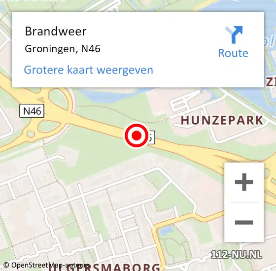 Locatie op kaart van de 112 melding: Brandweer Groningen, N46 hectometerpaal: 134,6 op 16 december 2014 13:37