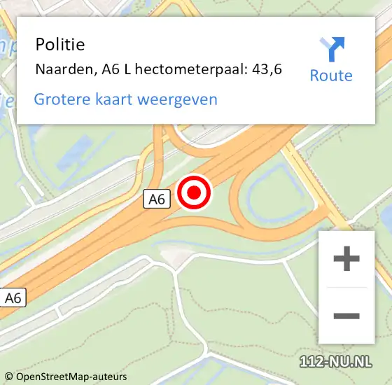 Locatie op kaart van de 112 melding: Politie Naarden, A6 L hectometerpaal: 43,6 op 18 december 2014 09:41