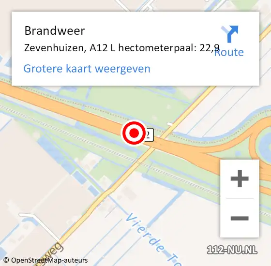 Locatie op kaart van de 112 melding: Brandweer Zevenhuizen, A12 R op 18 december 2014 21:16