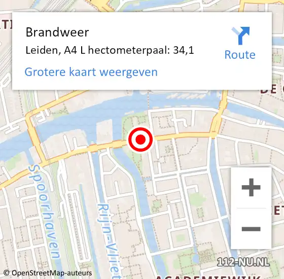 Locatie op kaart van de 112 melding: Brandweer Leiden, A4 R hectometerpaal: 34,2 op 20 december 2014 06:19