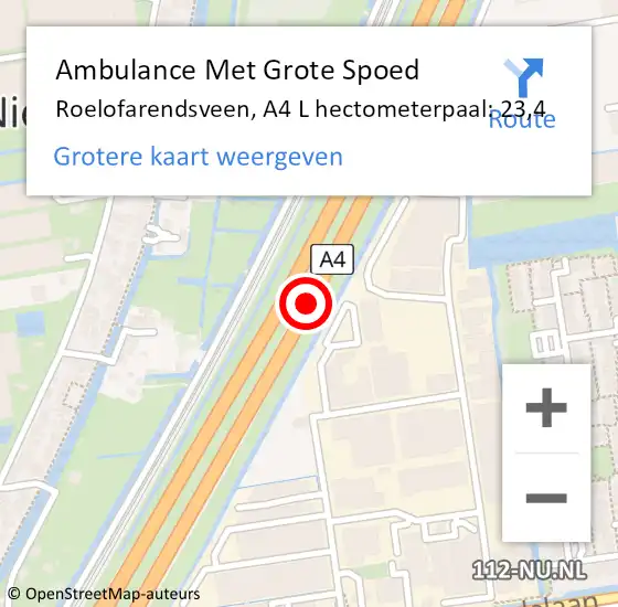 Locatie op kaart van de 112 melding: Ambulance Met Grote Spoed Naar Roelofarendsveen, A4 R hectometerpaal: 24,2 op 20 december 2014 06:23