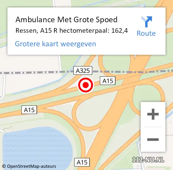 Locatie op kaart van de 112 melding: Ambulance Met Grote Spoed Naar Ressen, A15 R hectometerpaal: 162,4 op 22 december 2014 12:13