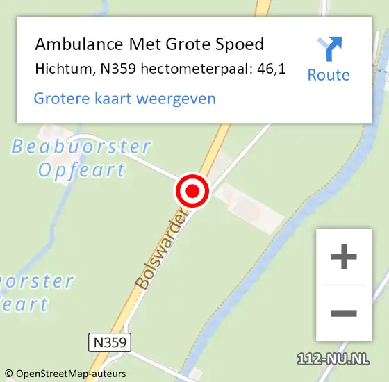 Locatie op kaart van de 112 melding: Ambulance Met Grote Spoed Naar Hichtum, N359 hectometerpaal: 46,1 op 26 december 2014 00:08