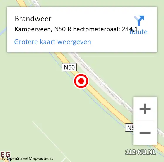 Locatie op kaart van de 112 melding: Brandweer Kamperveen, N50 R hectometerpaal: 244,1 op 26 december 2014 09:21