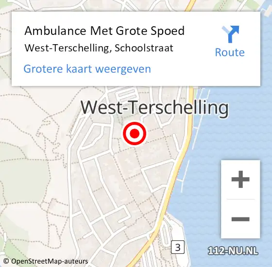 Locatie op kaart van de 112 melding: Ambulance Met Grote Spoed Naar West-Terschelling, Schoolstraat op 31 december 2014 02:16