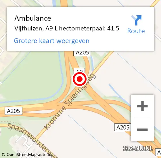Locatie op kaart van de 112 melding: Ambulance Vijfhuizen, A9 L hectometerpaal: 41,5 op 4 januari 2015 22:37