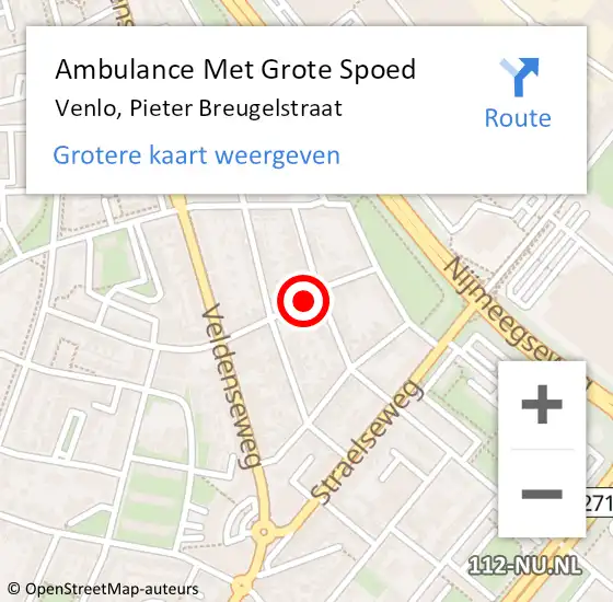 Locatie op kaart van de 112 melding: Ambulance Met Grote Spoed Naar Venlo, Pieter Breugelstraat op 8 januari 2015 08:13