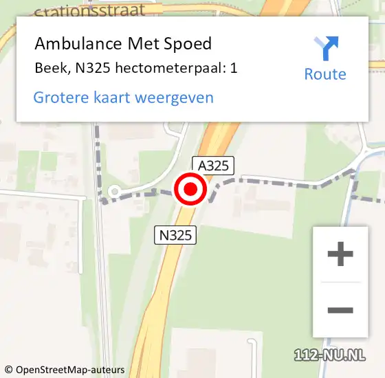Locatie op kaart van de 112 melding: Ambulance Met Spoed Naar Beek, N325 hectometerpaal: 1 op 11 januari 2015 10:11