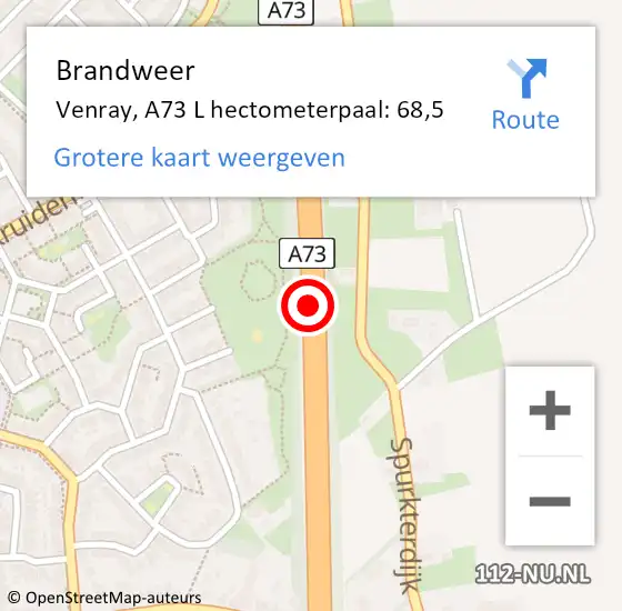 Locatie op kaart van de 112 melding: Brandweer Venray, A73 L hectometerpaal: 11,9 op 14 januari 2015 12:59