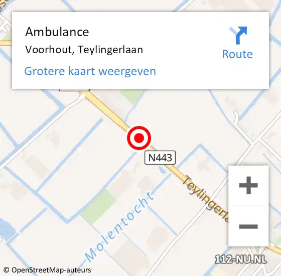 Locatie op kaart van de 112 melding: Ambulance Voorhout, Teylingerlaan op 15 januari 2015 09:46