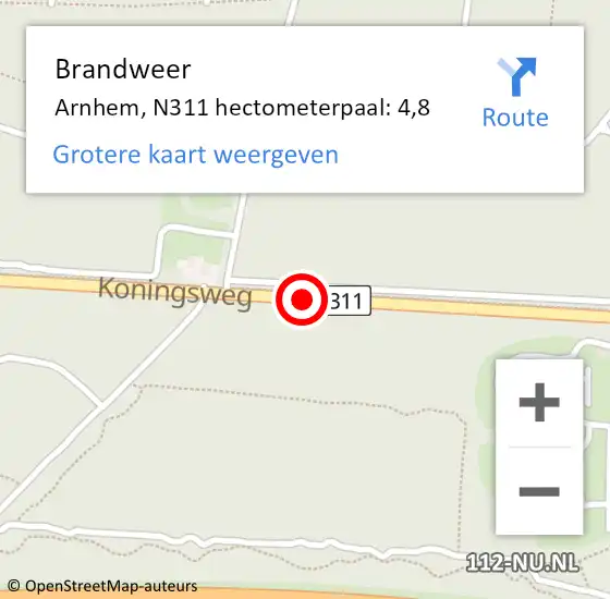 Locatie op kaart van de 112 melding: Brandweer Arnhem, N311 hectometerpaal: 7,0 op 24 januari 2015 07:29