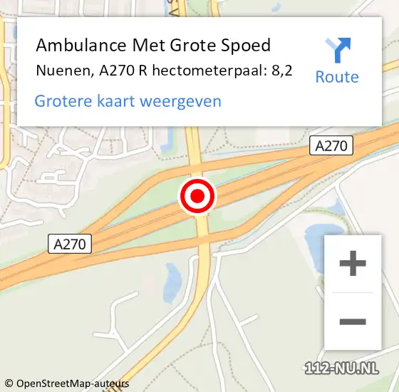 Locatie op kaart van de 112 melding: Ambulance Met Grote Spoed Naar Nuenen, A270 R hectometerpaal: 8,2 op 25 januari 2015 04:36