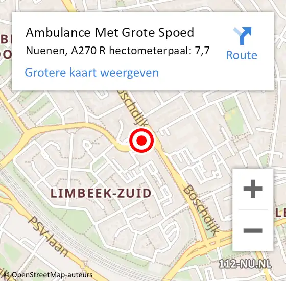 Locatie op kaart van de 112 melding: Ambulance Met Grote Spoed Naar Nuenen, A270 R hectometerpaal: 7,7 op 25 januari 2015 04:52