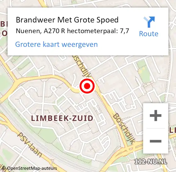 Locatie op kaart van de 112 melding: Brandweer Met Grote Spoed Naar Nuenen, A270 R hectometerpaal: 7,7 op 25 januari 2015 04:56