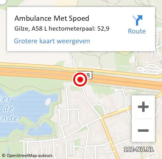 Locatie op kaart van de 112 melding: Ambulance Met Spoed Naar Gilze, A58 L hectometerpaal: 52,9 op 25 januari 2015 21:22