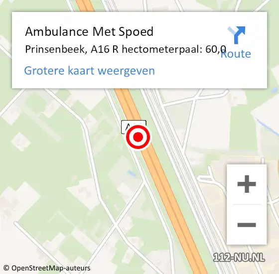 Locatie op kaart van de 112 melding: Ambulance Met Spoed Naar Prinsenbeek, A16 R hectometerpaal: 57,7 op 25 januari 2015 23:55