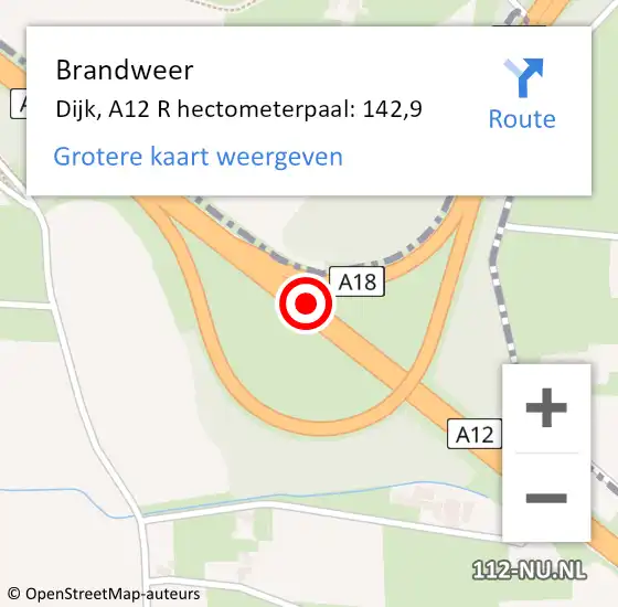 Locatie op kaart van de 112 melding: Brandweer Dijk, A12 R hectometerpaal: 143,9 op 26 januari 2015 21:52