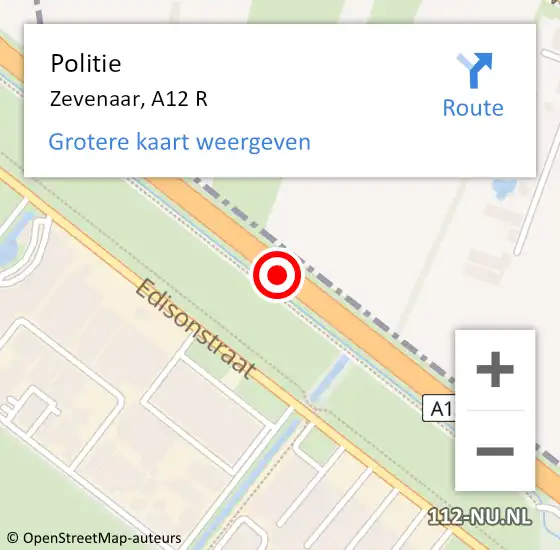 Locatie op kaart van de 112 melding: Politie Zevenaar, A12 R op 26 januari 2015 21:54