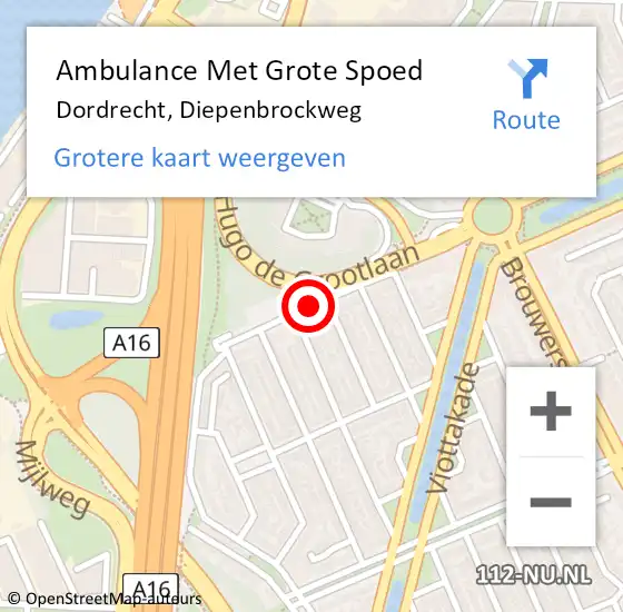 Locatie op kaart van de 112 melding: Ambulance Met Grote Spoed Naar Dordrecht, Diepenbrockweg op 1 februari 2015 00:31