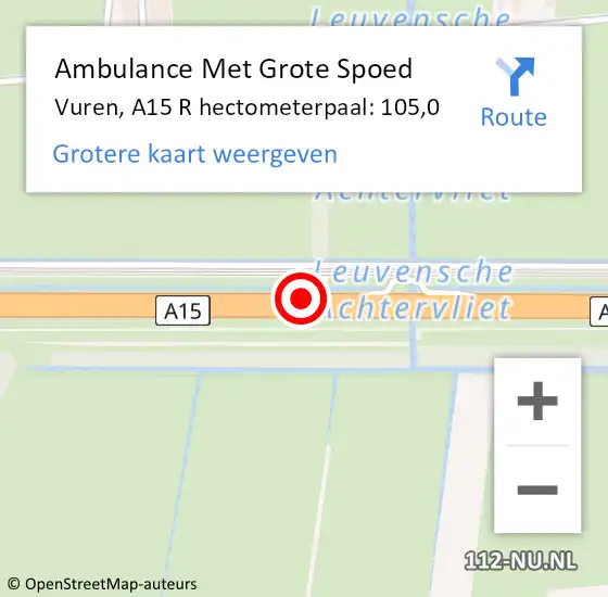 Locatie op kaart van de 112 melding: Ambulance Met Grote Spoed Naar Vuren, A15 R hectometerpaal: 105,0 op 1 februari 2015 03:50