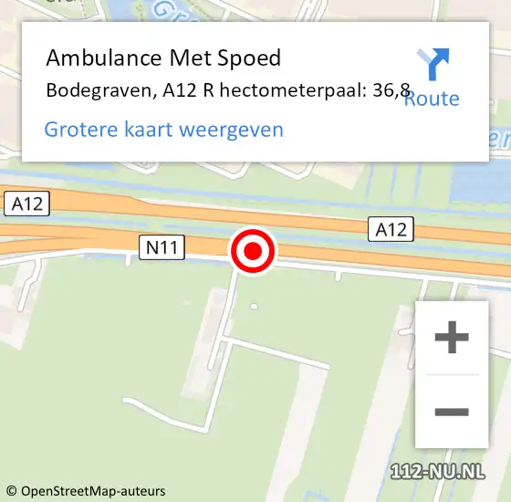 Locatie op kaart van de 112 melding: Ambulance Met Spoed Naar Bodegraven, A12 R hectometerpaal: 36,8 op 1 februari 2015 14:54