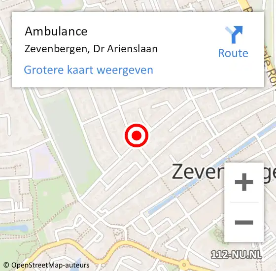 Locatie op kaart van de 112 melding: Ambulance Zevenbergen, Dr Arienslaan op 9 februari 2015 10:09