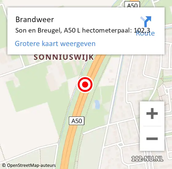 Locatie op kaart van de 112 melding: Brandweer Son en Breugel, A50 L hectometerpaal: 102,3 op 15 februari 2015 05:15