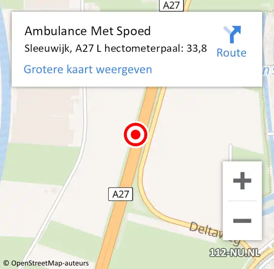 Locatie op kaart van de 112 melding: Ambulance Met Spoed Naar Sleeuwijk, A27 L hectometerpaal: 33,2 op 20 februari 2015 18:38