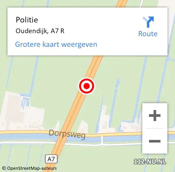 Locatie op kaart van de 112 melding: Politie Oudendijk, A7 R op 21 februari 2015 10:47