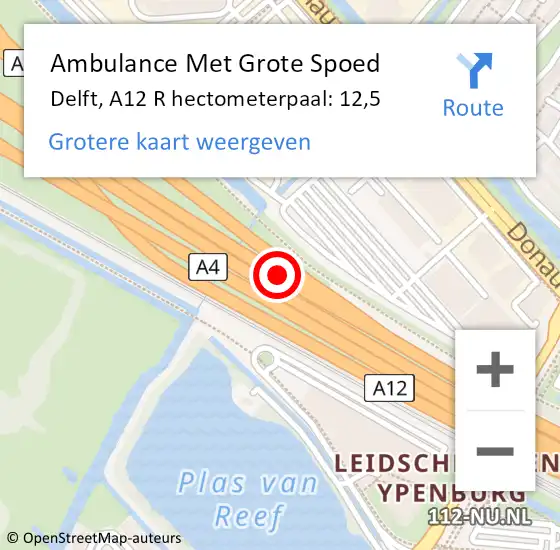 Locatie op kaart van de 112 melding: Ambulance Met Grote Spoed Naar Delft, A12 R hectometerpaal: 12,6 op 26 februari 2015 21:38