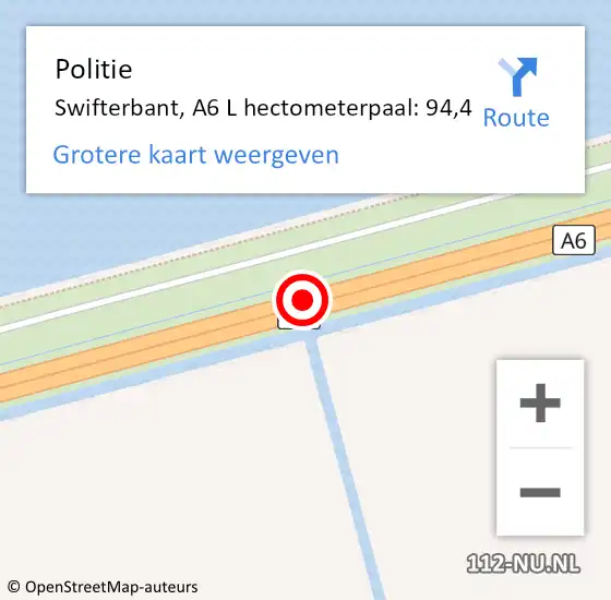 Locatie op kaart van de 112 melding: Politie Swifterbant, A6 L hectometerpaal: 94,4 op 26 februari 2015 22:06