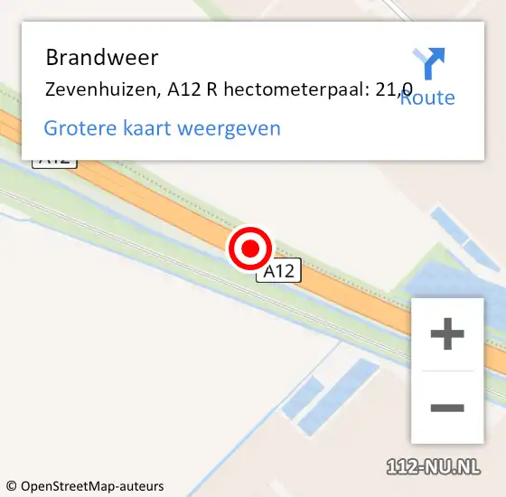 Locatie op kaart van de 112 melding: Brandweer Zevenhuizen, A12 R hectometerpaal: 22,9 op 28 februari 2015 14:33
