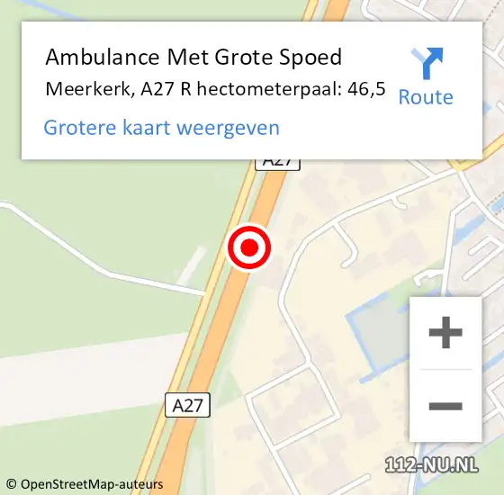 Locatie op kaart van de 112 melding: Ambulance Met Grote Spoed Naar Meerkerk, A27 L hectometerpaal: 47,0 op 28 februari 2015 19:15