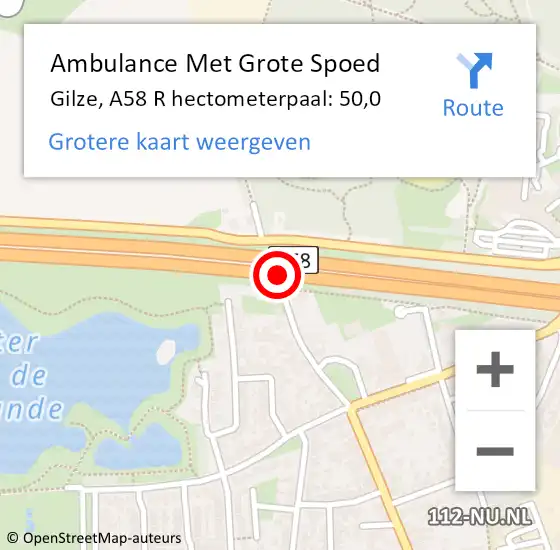 Locatie op kaart van de 112 melding: Ambulance Met Grote Spoed Naar Gilze, A58 L hectometerpaal: 52,1 op 1 maart 2015 14:00
